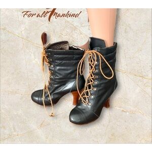 For all Mankind Ankle Boot Black Leather Lace Up Vintage Boho Goth Witchy SZ 38